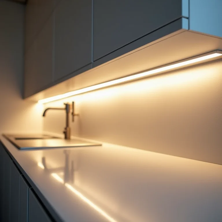 Fita de LED iluminando armários de cozinha