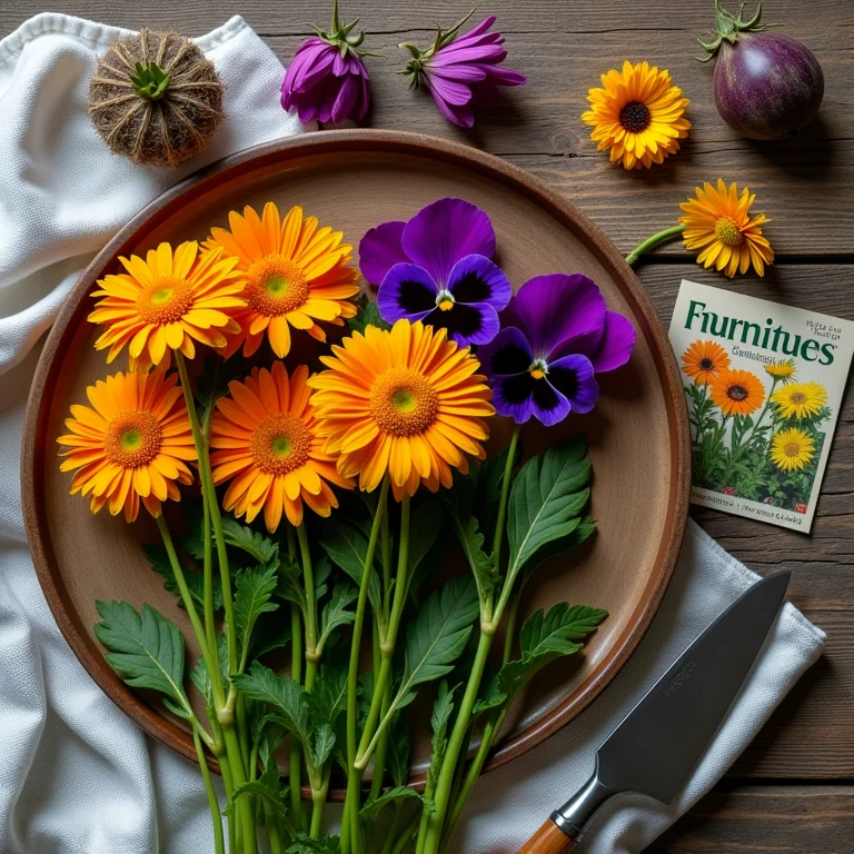 Flores comestíveis e ferramentas de jardinagem em close-up
