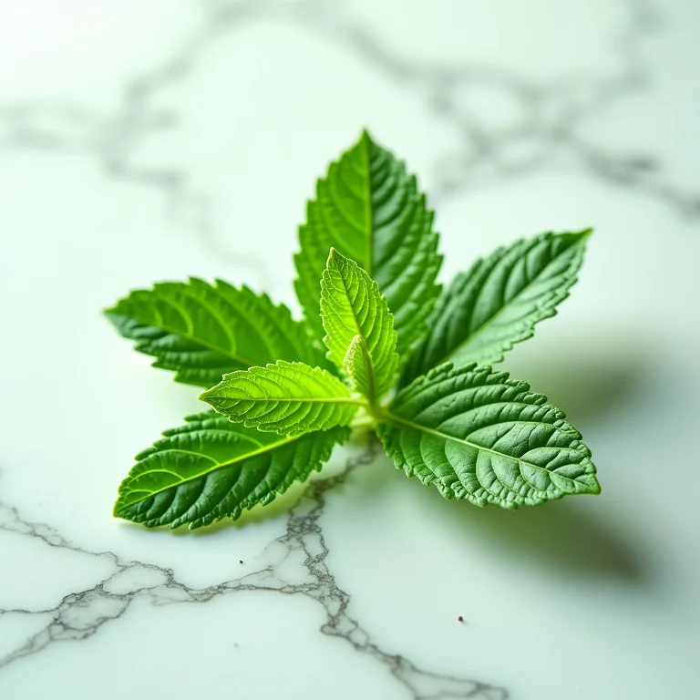 Folhas de hortelã frescas dispostas sobre mármore