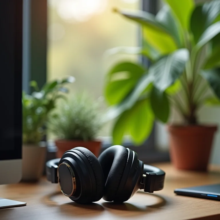 Fones de ouvido com cancelamento de ruído e plantas em um espaço de trabalho silencioso