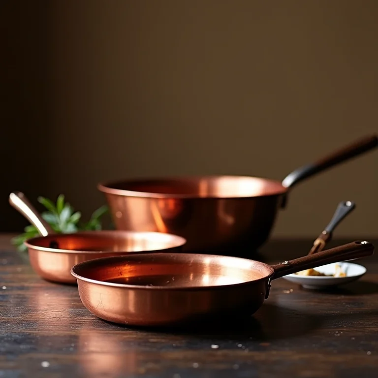Formas de cobre para bolo de rolo em balcão de madeira