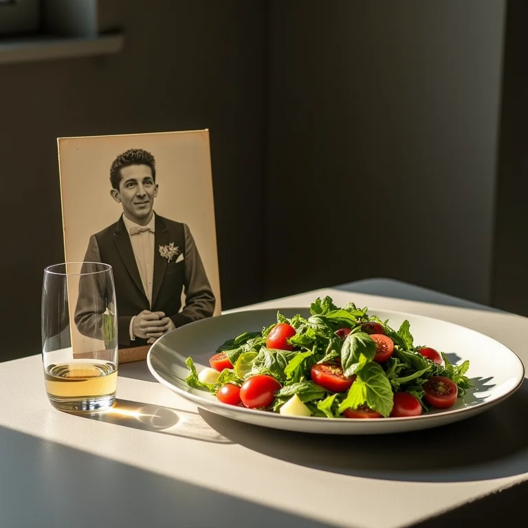 Foto de Caesar Cardini ao lado de uma salada Caesar.