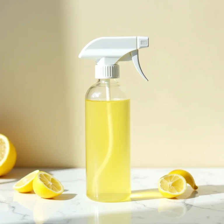 Frasco de spray com solução de limpeza caseira em bancada de mármore