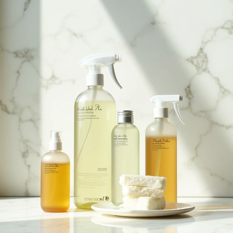 Frascos de produtos de limpeza com rótulos destacados