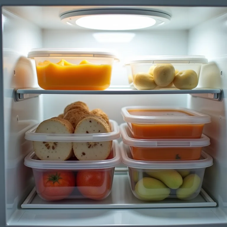 Freezer organizado com embalagens de alimentos empilhadas