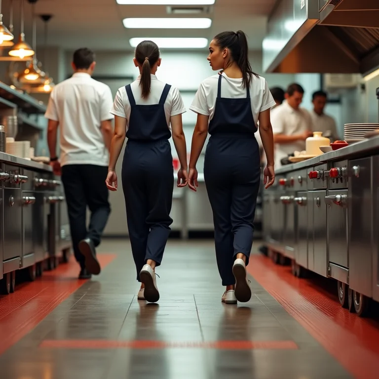 Funcionários de restaurante diversos caminhando com segurança em piso antiderrapante.