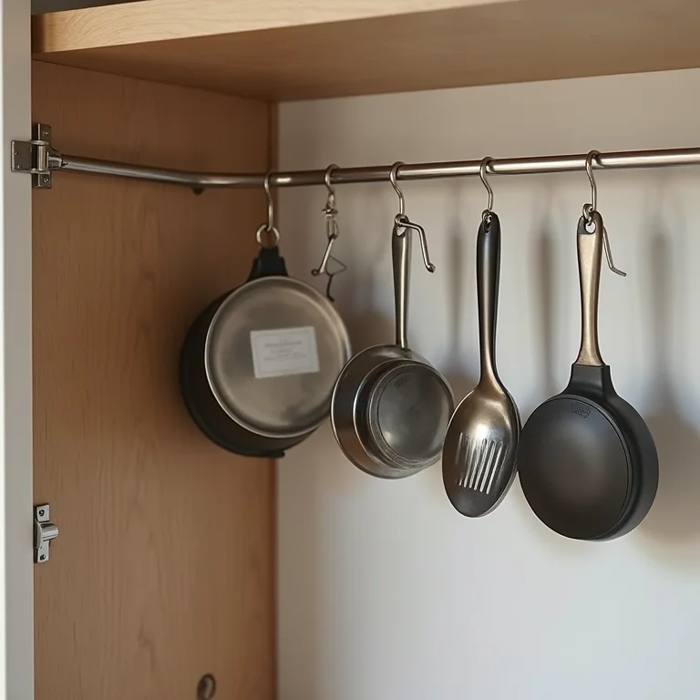 Ganchos e suportes organizando utensílios e tampas de panelas dentro de um armário de cozinha.