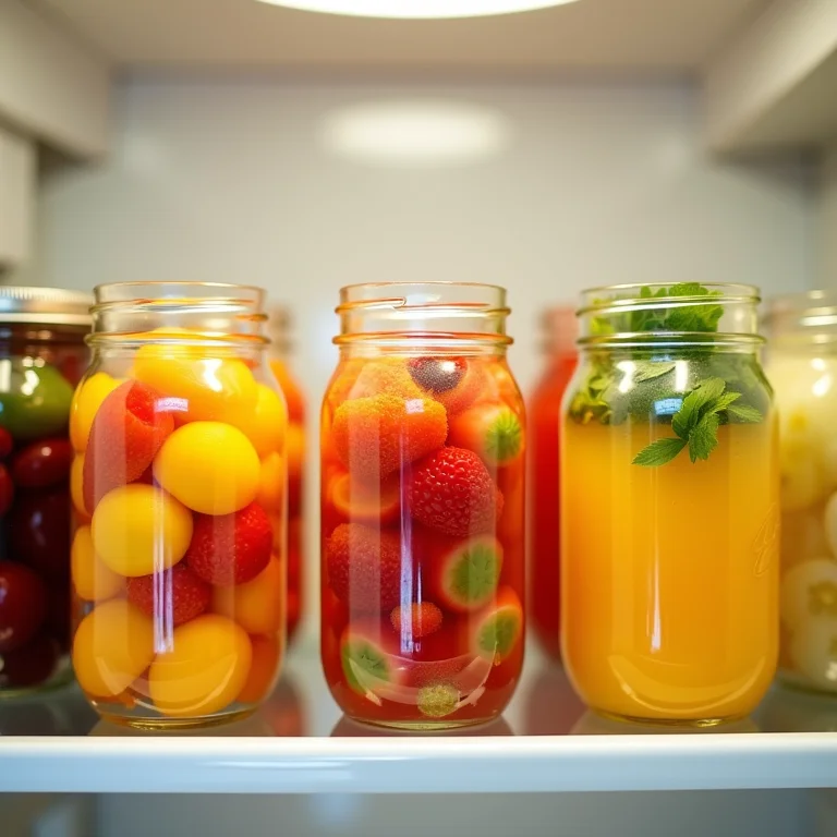 Geladeira organizada com potes de vidro contendo frutas e vegetais