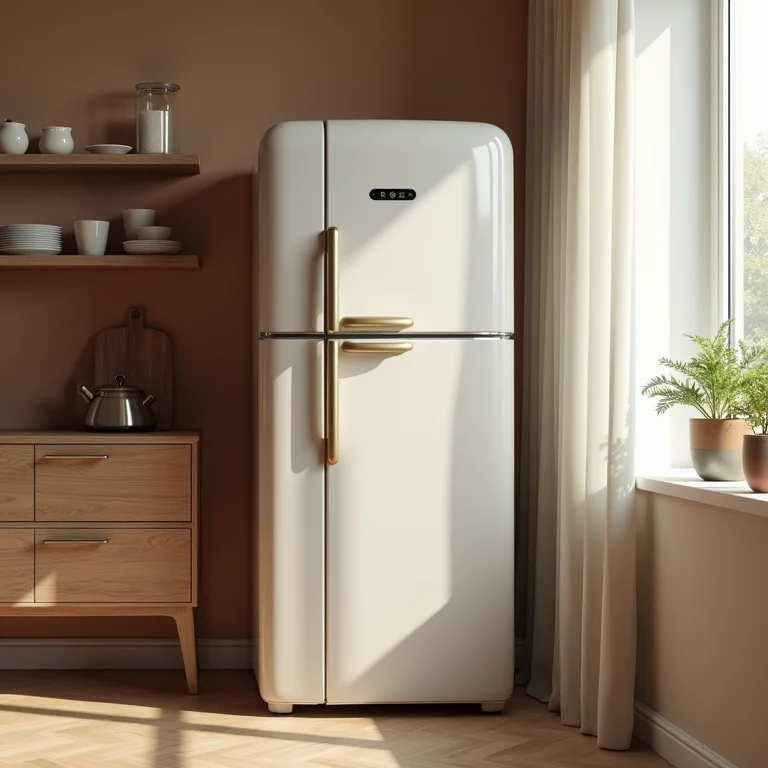 Geladeira retrô com funcionalidades inteligentes em cozinha moderna