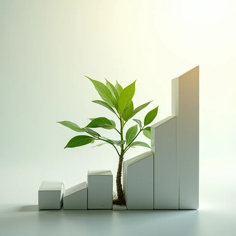 Gráfico de ações em ascensão combinado com uma árvore exuberante, representando o crescimento a longo prazo.