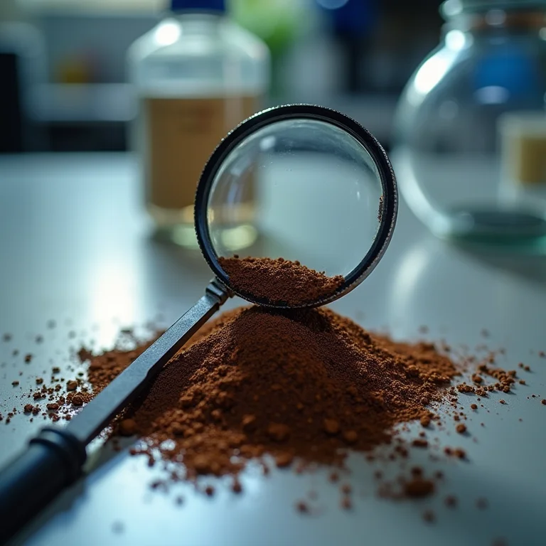 Grãos de café moídos sendo analisados sob uma lupa em laboratório.