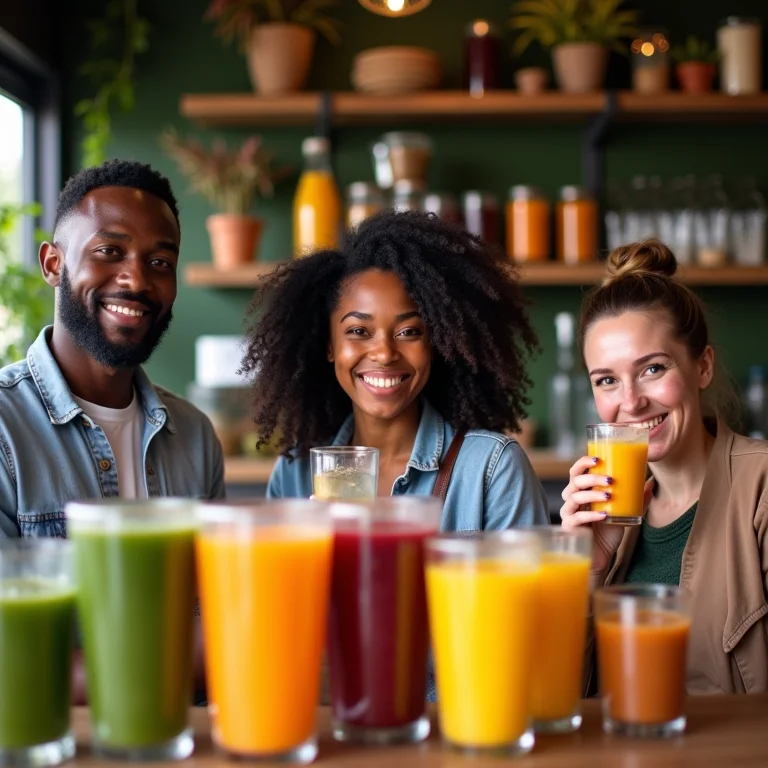 Grupo diverso de clientes desfrutando de sucos em uma casa de sucos.