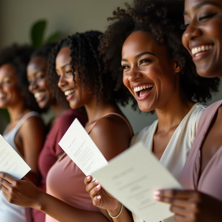 Grupo diverso de mulheres rindo e segurando convites personalizados