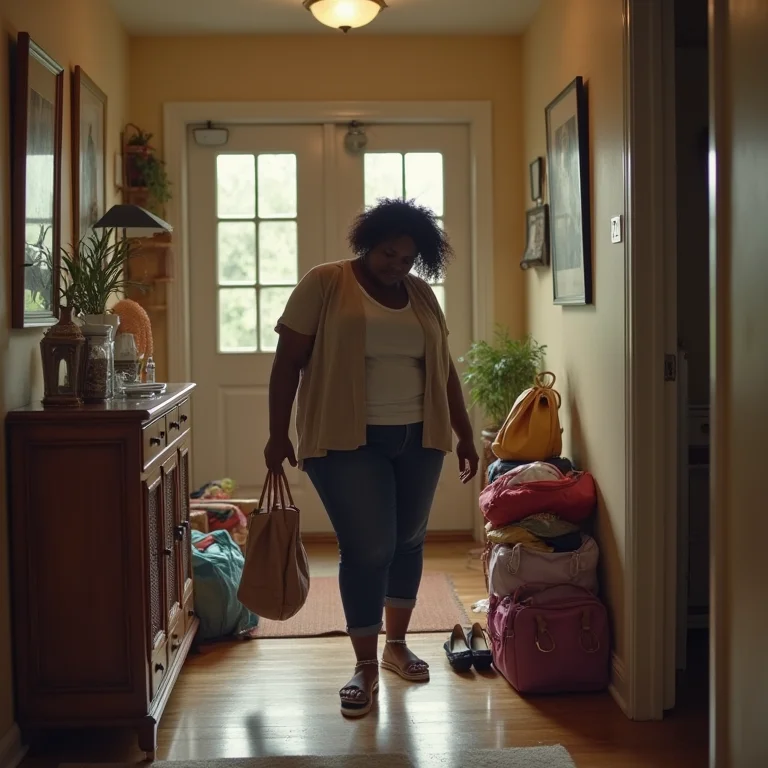 Hall de entrada desorganizado com mulher carregando sacolas
