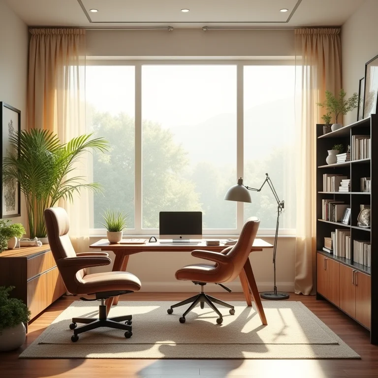 Home office com iluminação natural e artificial