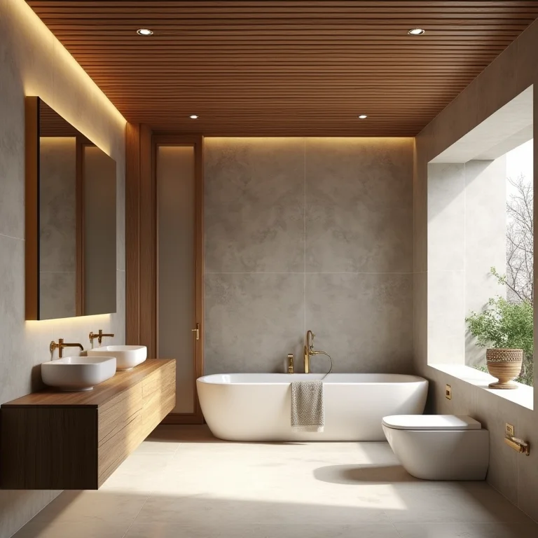 Ideias de design para banheiro com teto de madeira.