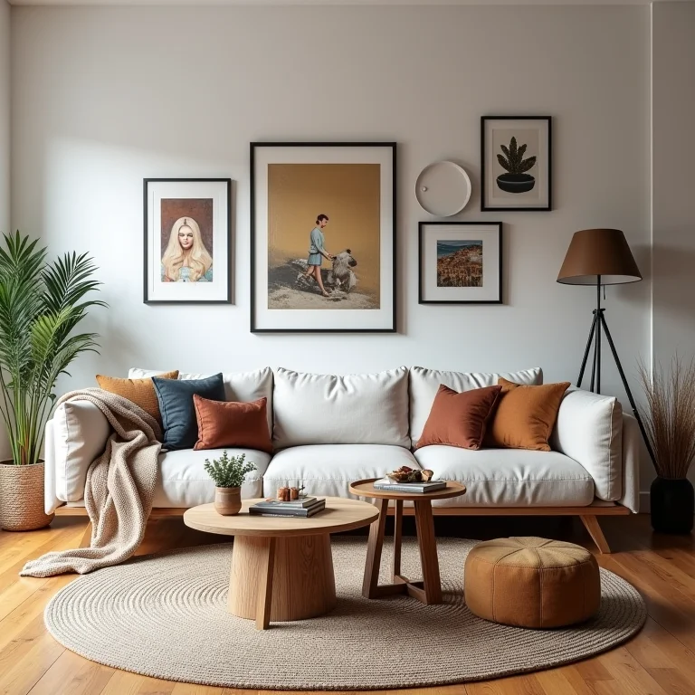 Ideias de DIY decoração: apartamento decorado com arte de parede DIY, móveis reaproveitados e almofadas feitas à mão.