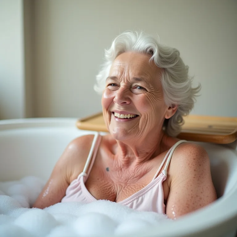 Idosa sorrindo confortavelmente na banheira com banqueta