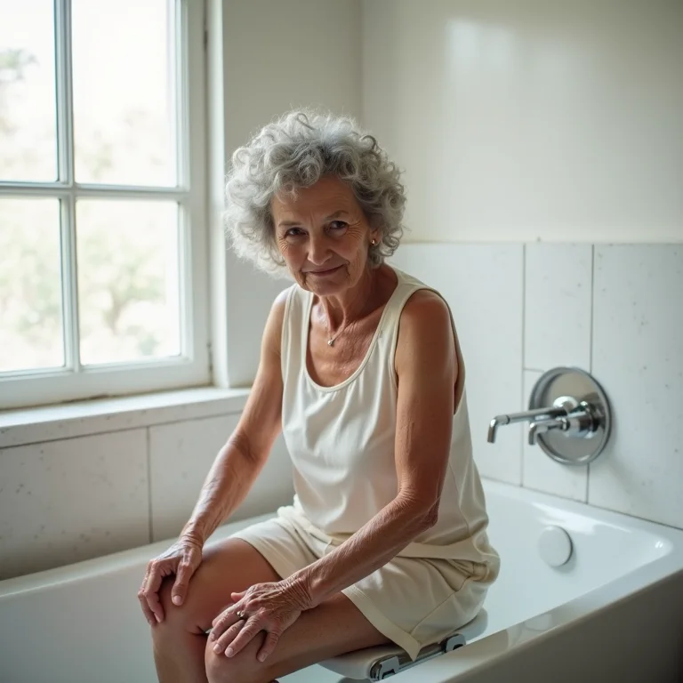 Idosa usando banqueta de banho com independência