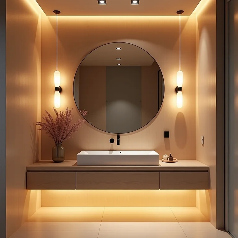 Iluminação aconchegante e funcional para banheiro de fazenda