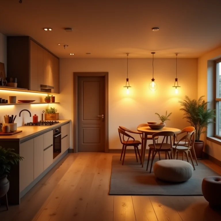 Iluminação ambiente criando atmosfera agradável em cozinha integrada
