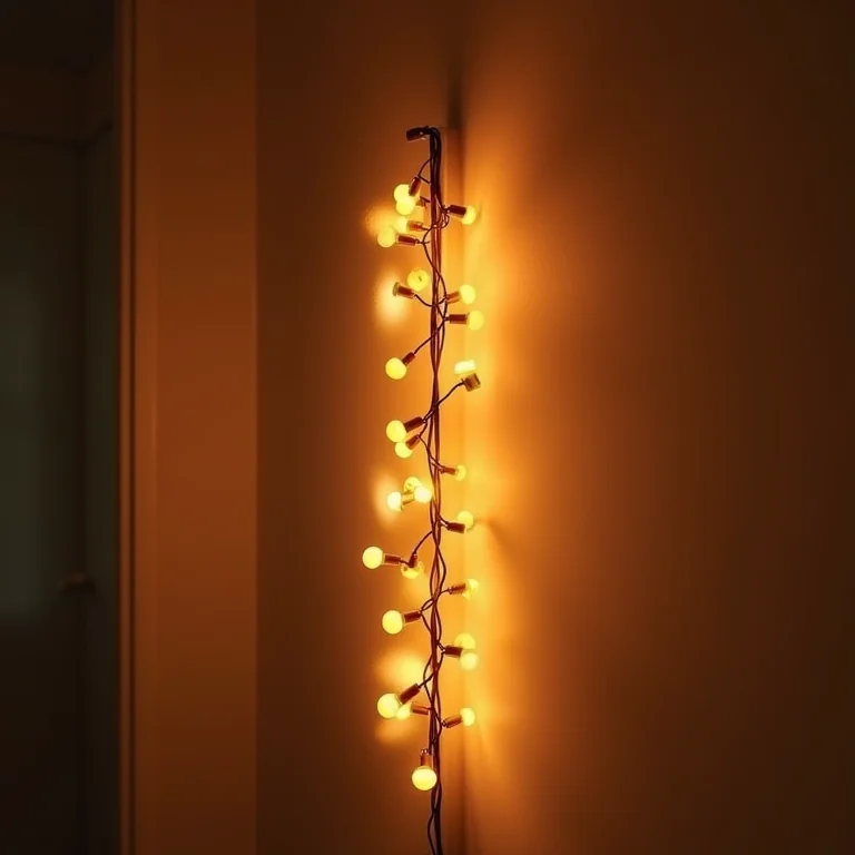 Iluminação com pisca-piscas coloridos em espelho de banheiro.