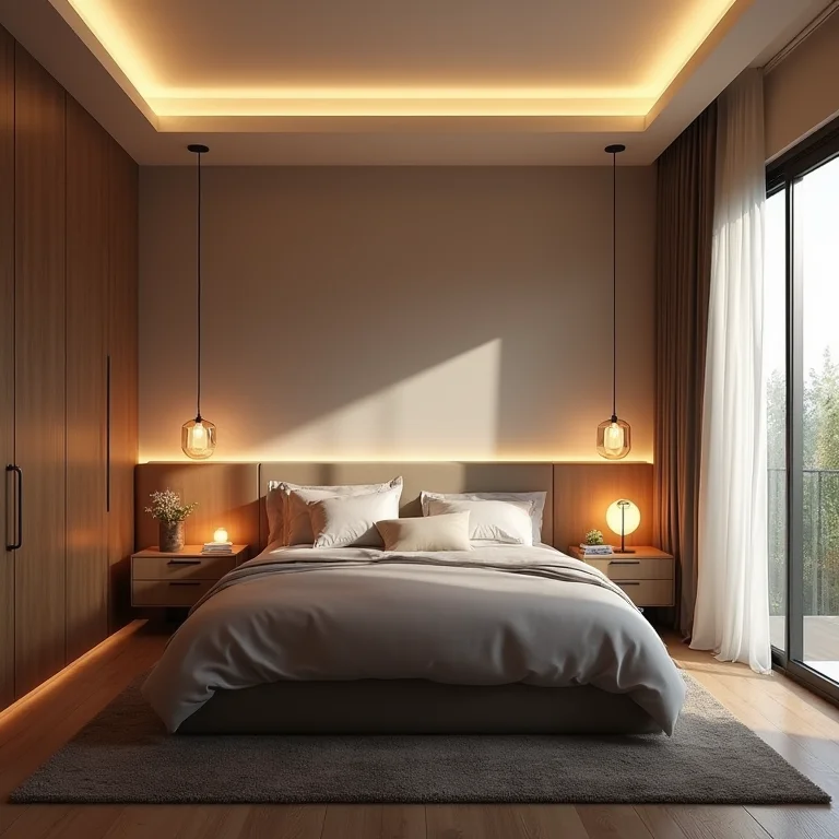 Iluminação em camadas em quarto moderno