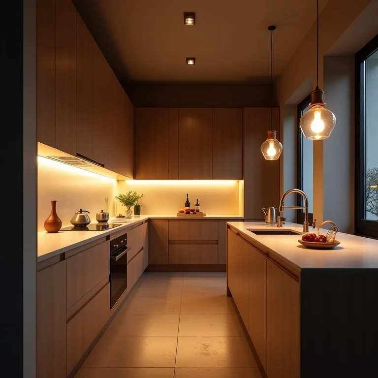 Iluminação estratégica em cozinha corredor para criar um ambiente acolhedor