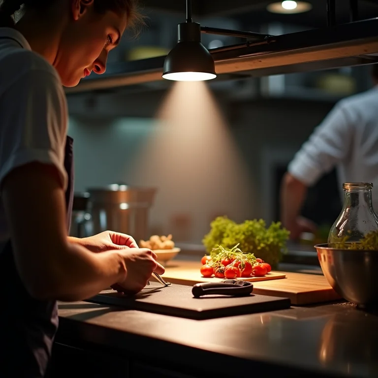 Iluminação funcional focada em área de preparo de alimentos na bancada