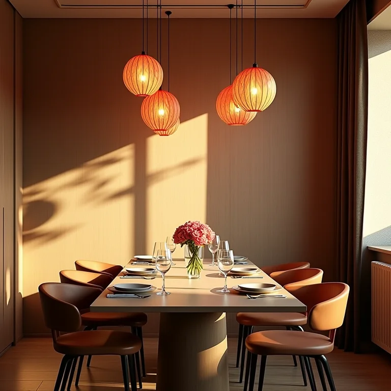 Iluminação geométrica valorizando ambiente em sala de jantar moderna