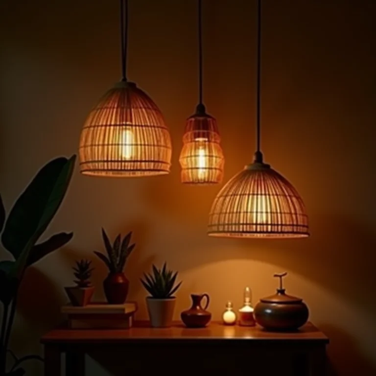 Iluminação ideal para casa de praia: luminárias de vime e luzes suaves.