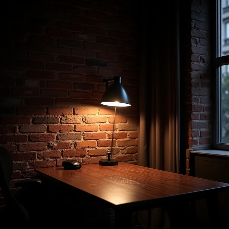 Iluminação inadequada em escritório com tijolinho.