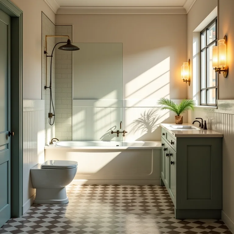 Iluminação suave em banheiro retrô com piso xadrez