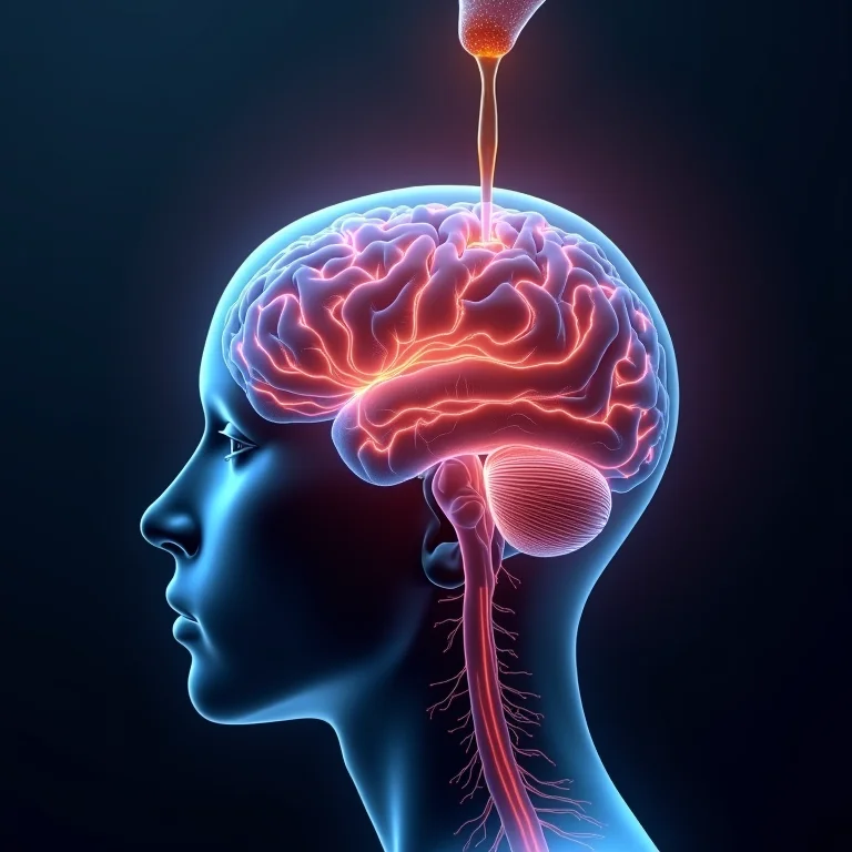 Ilustração do cérebro com vias neurais e extrato de passiflora.