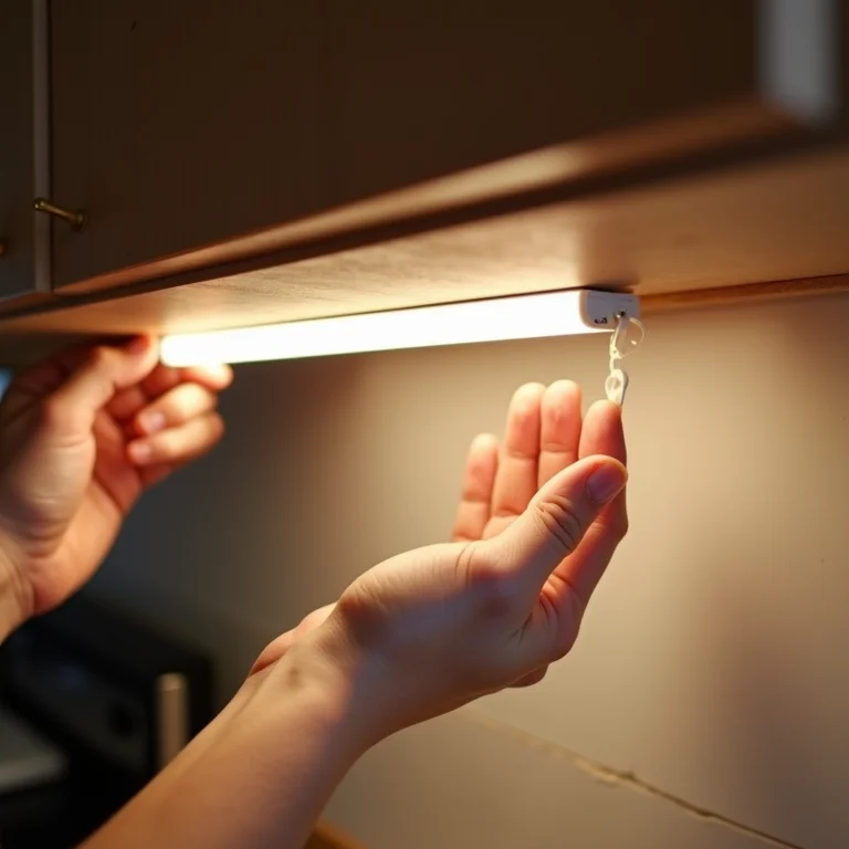 Instalação de fita de LED sob um armário de cozinha.