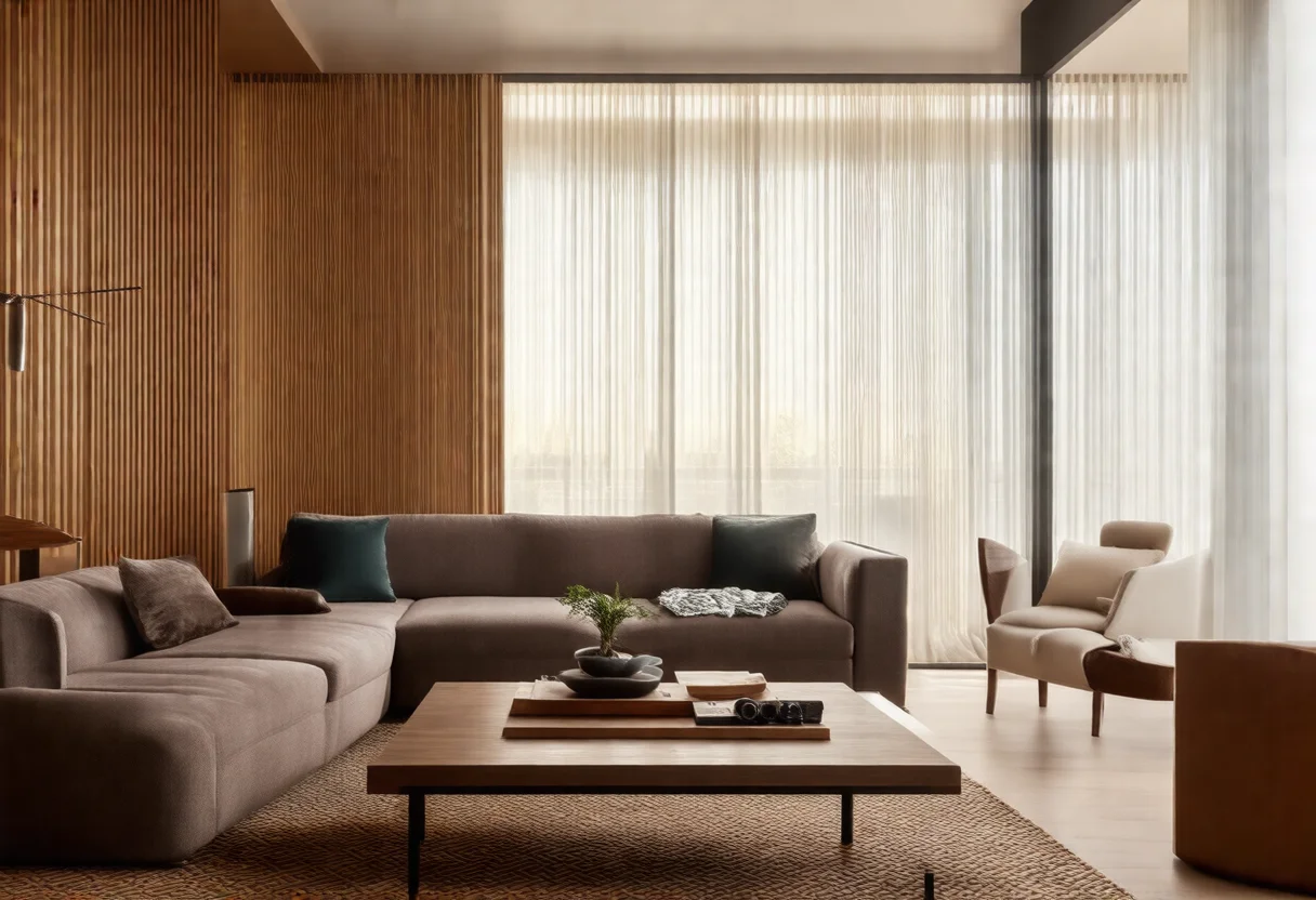 Instalação de mesa de centro moderna em sala de estar com luz natural.