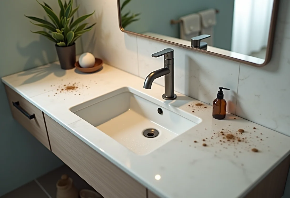 Instalação profissional de cuba de apoio em banheiro moderno.