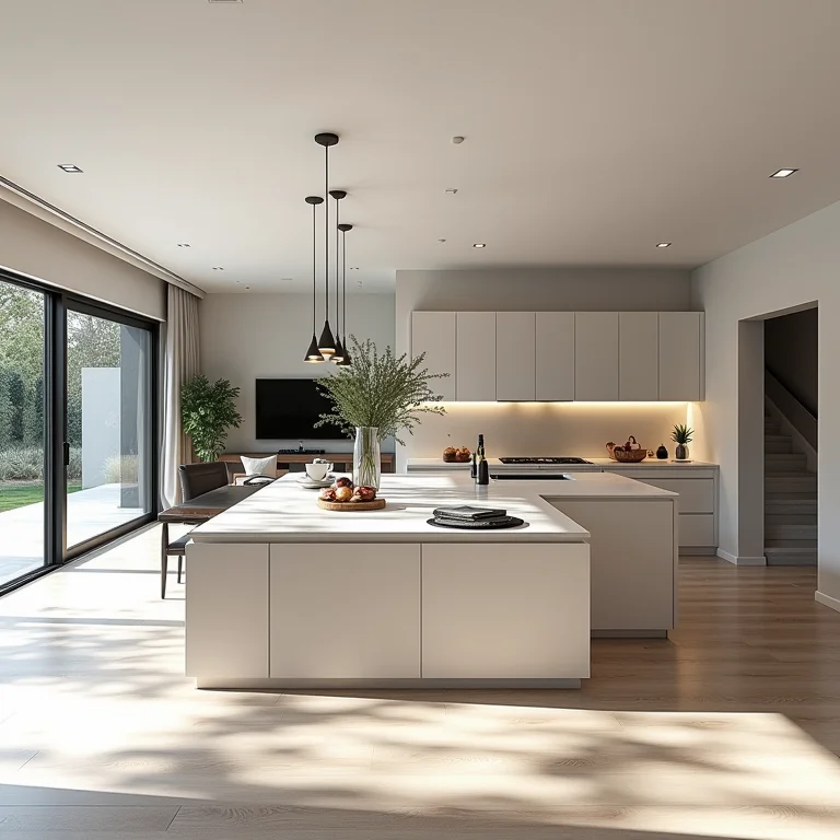 Integração e praticidade na decoração moderna de cozinha americana.