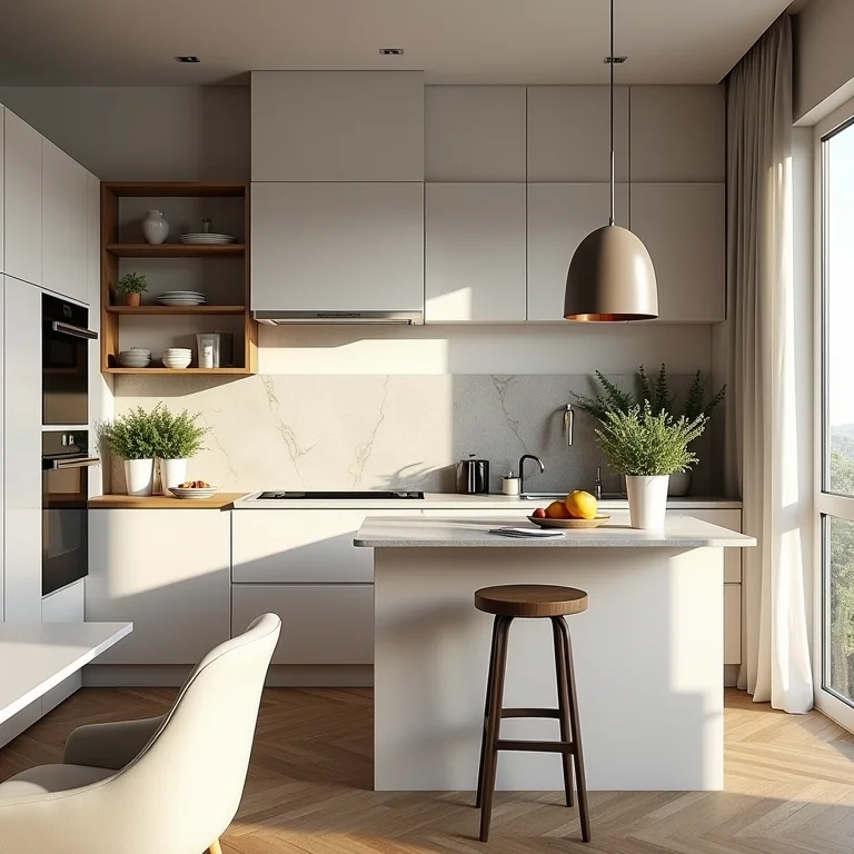 Integração perfeita entre cozinha americana e sala de estar.