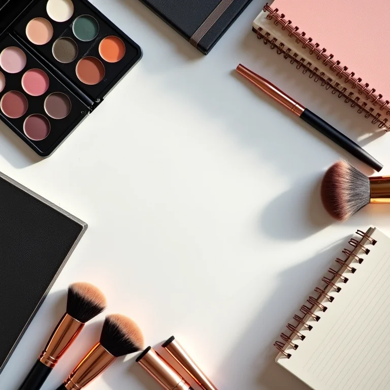 Itens de maquiagem organizados em estilo flat lay para planejamento
