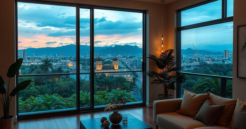 Janela de Vidro com Luminárias Pendentes: Aconchego Noturno - detalhe