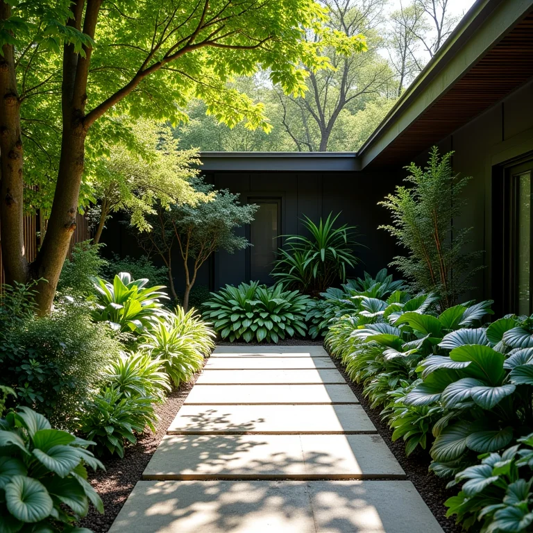 Jardim de sombra com folhagem exuberante