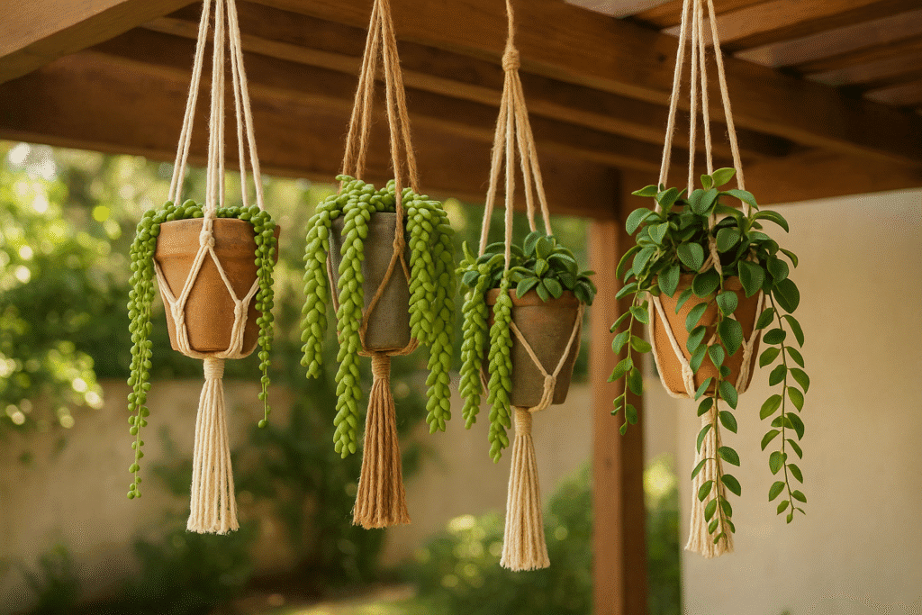Suculentas Pendentes em Macramê: Leveza e Movimento - detalhe
