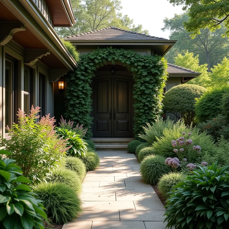 Jardim exuberante em frente a uma casa.