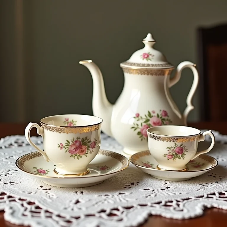 Jogo de chá e café retrô com detalhes florais.