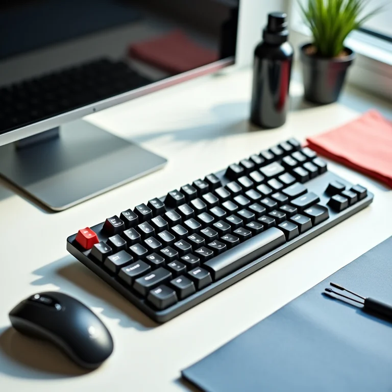Kit de limpeza para teclado em estilo flat lay.