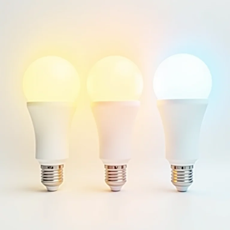 Lâmpadas LED emitindo diferentes temperaturas de cor (quente, neutra, fria) com gráficos de temperatura.