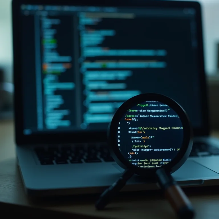 Laptop com código distorcido e lupa