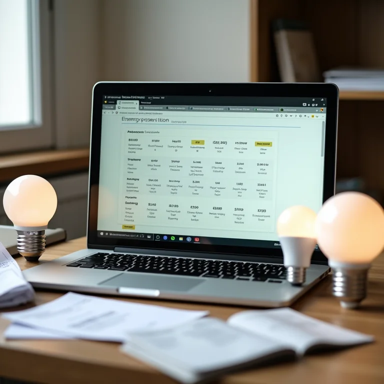 Laptop mostrando uma calculadora online de consumo de energia, com lâmpadas e contas de luz ao lado.