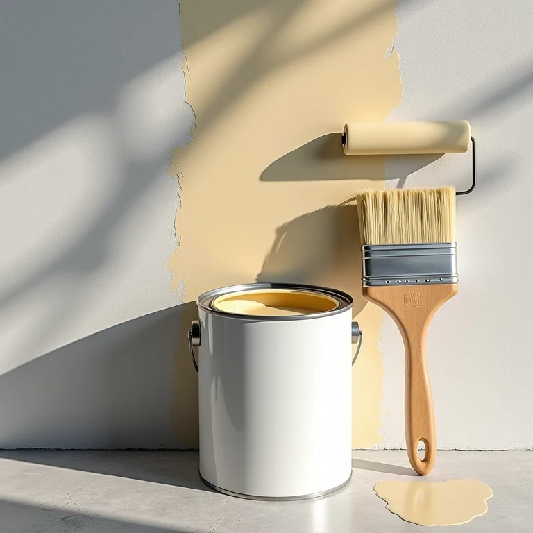 Lata de tinta para piso de calçada com rolo e pincel.